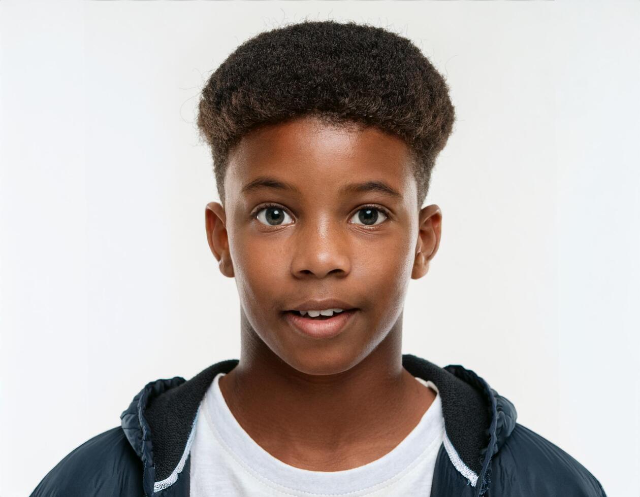 Studio Portrait of African Teenager with Defined Defined Defined Defined Short Curly Braids on White Background photo