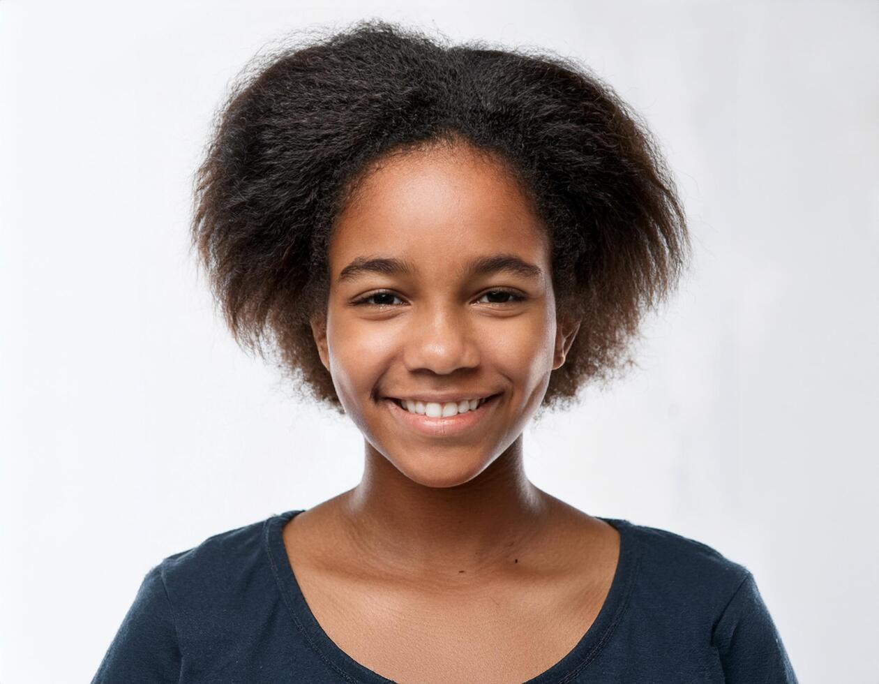 Studio Portrait of African Teenager with Defined Defined Defined Defined High Curly Texture on White Background photo