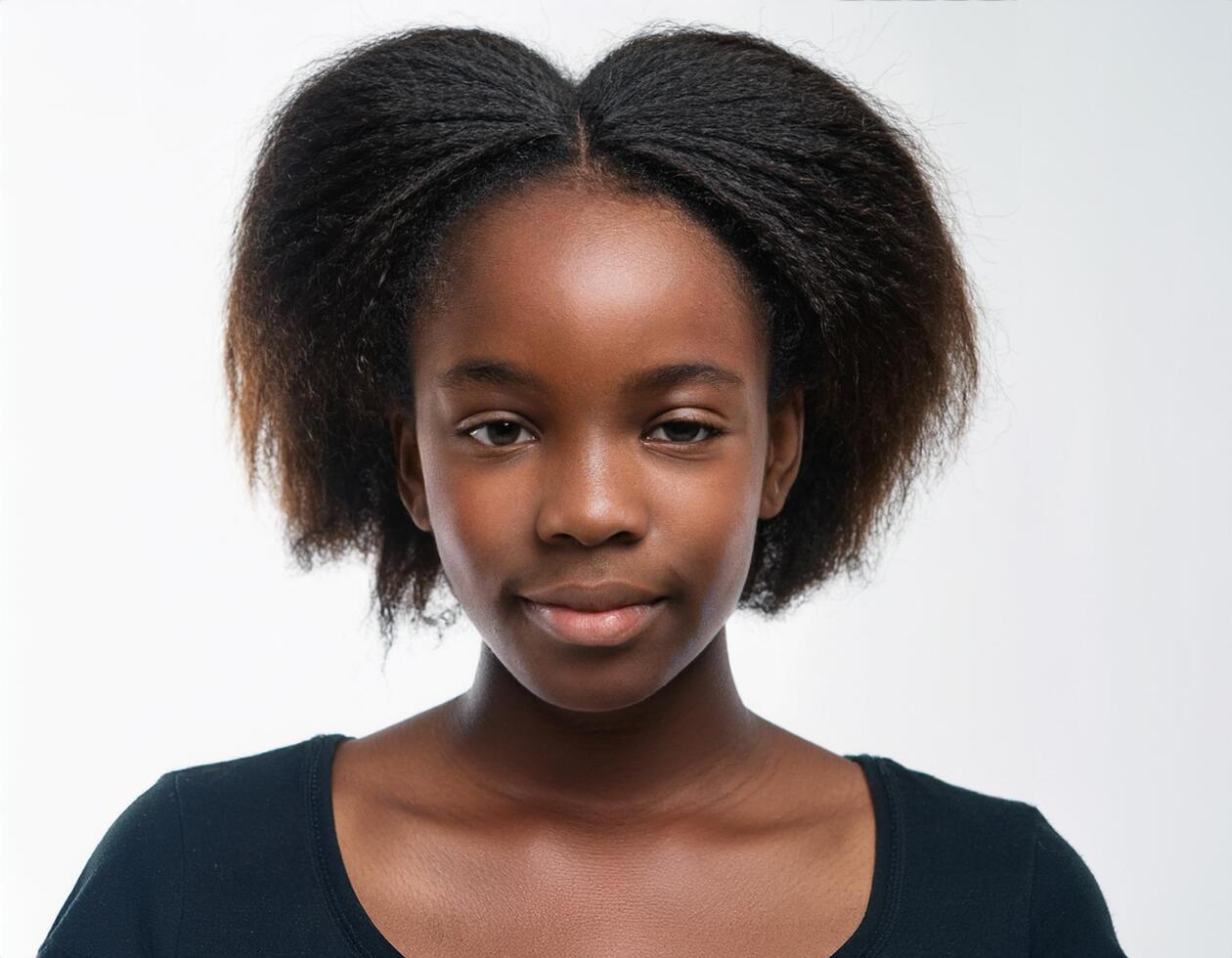 Studio Portrait of African Teenager with Defined Defined Defined Defined Full Curly Hair on White Background photo