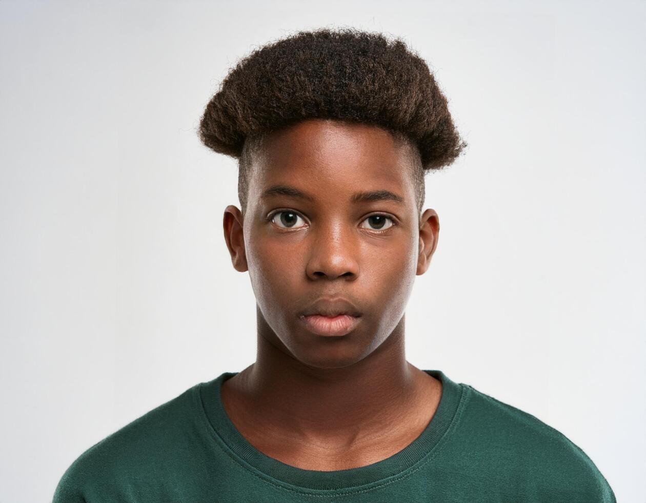 Close Up Portrait of African Teenager with Defined Defined Defined Defined Soft Curly Top on White Background photo