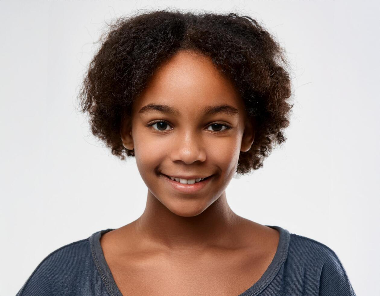 Portrait of African Teenager with Defined Defined Defined Defined High Curl Braids and Expression on White Background photo