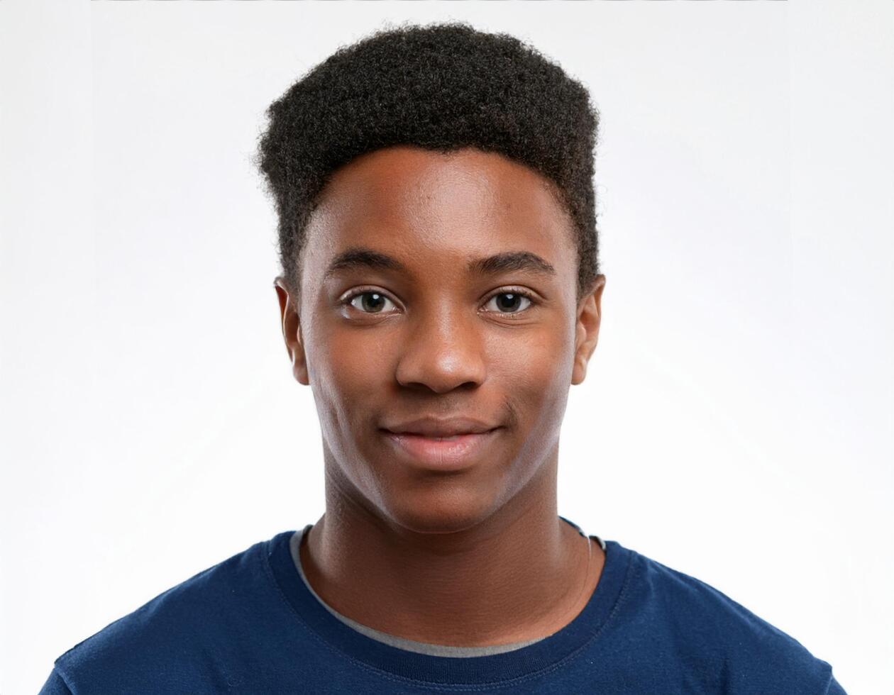 Close Up Portrait of African Teenager with Defined Defined Defined Defined Soft Braided Curly Hair on White Background photo