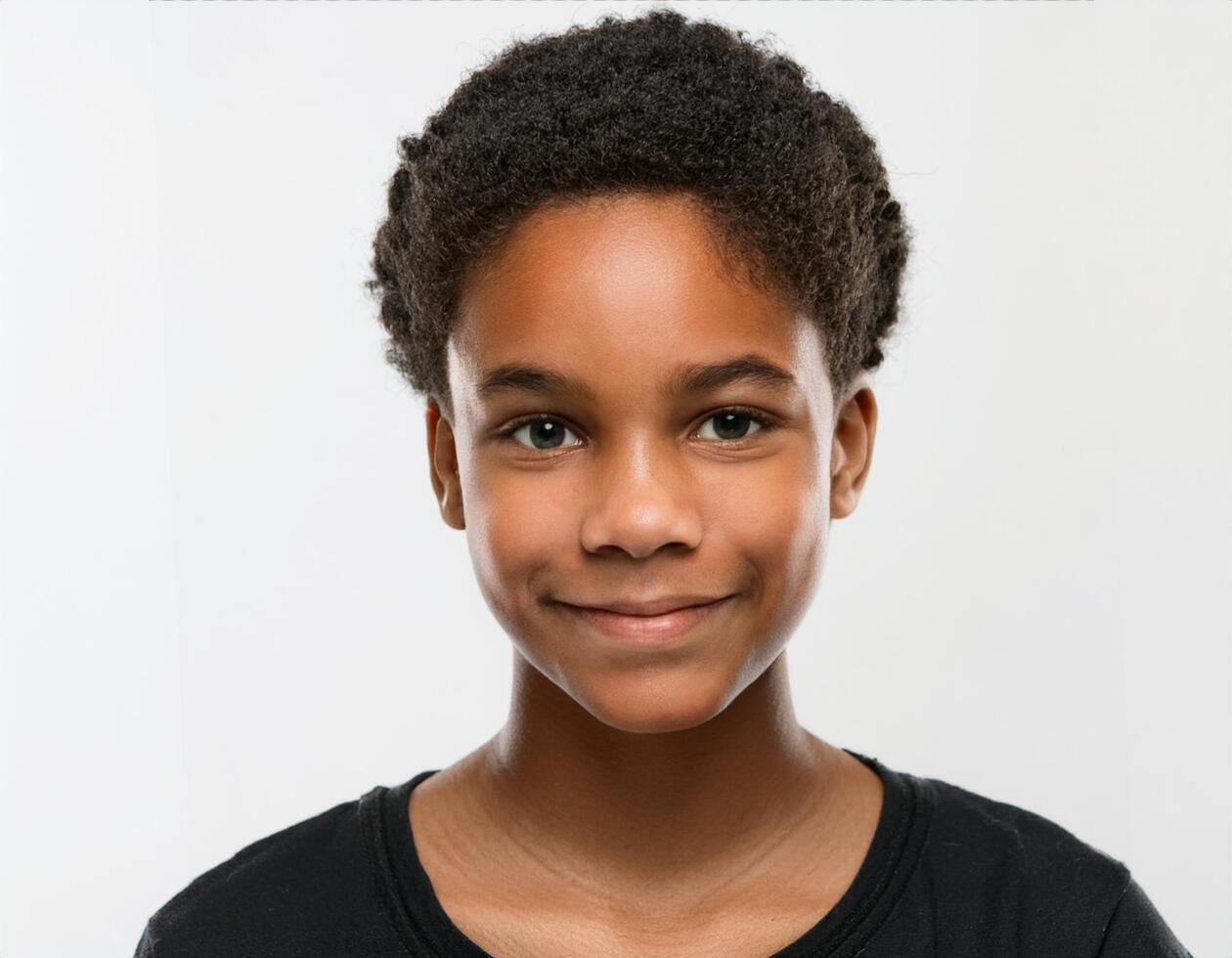 Portrait of African Teenager with Defined Defined Defined Defined Short Curls and Expression on White Background photo
