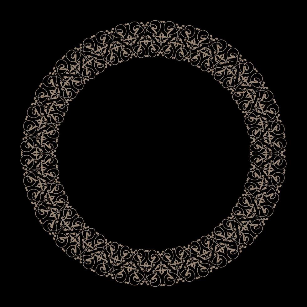 Elegant Round gold pattern frame with arabesques and floral elements on a black background. Round ornamental frame, Luxury frame, Arabic, Andalusian, Oriental, Arabesque styles. For invitations, logo vector