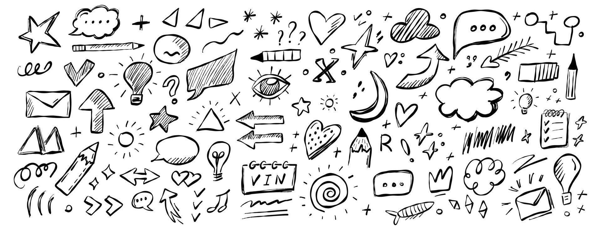 Creative doodles featuring arrows, hearts, stars, and various symbols sketched on paper background vector