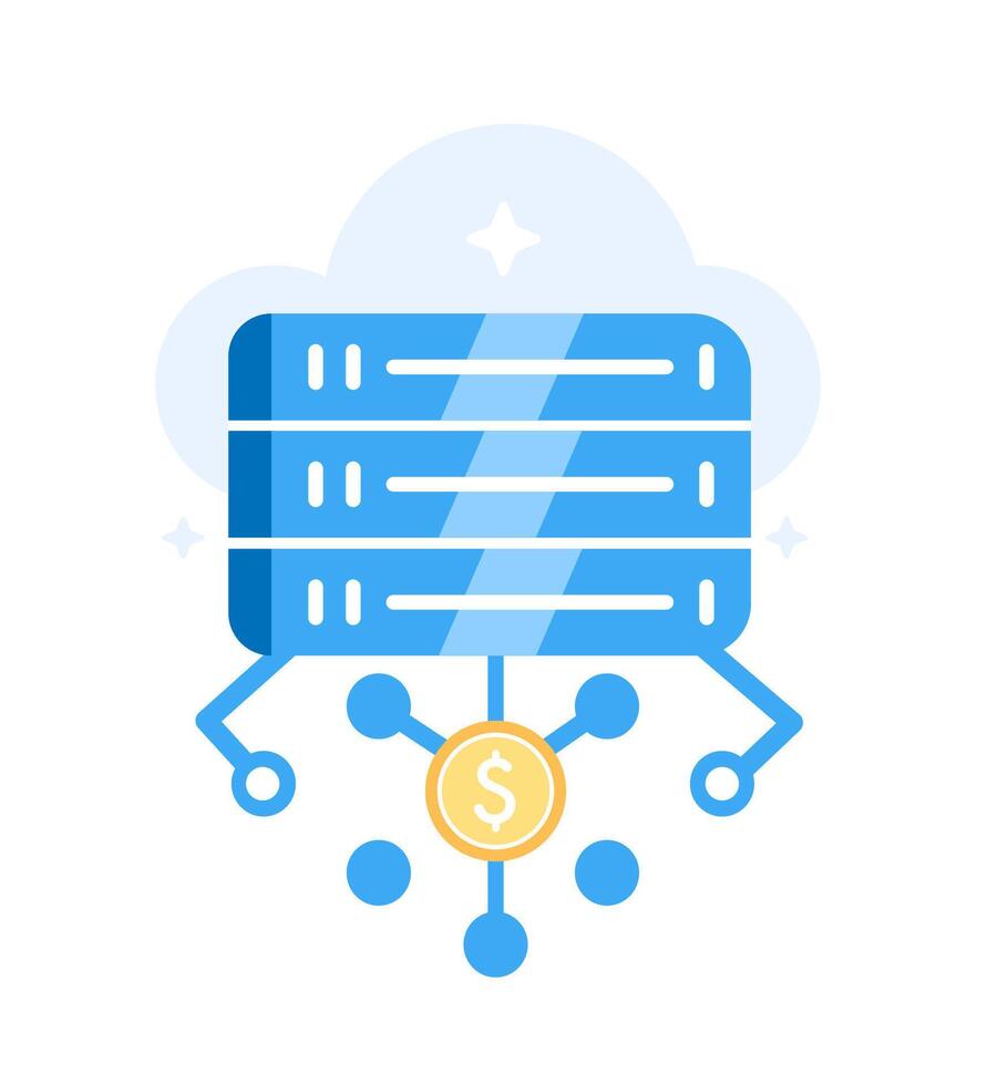 Illustration of servers, hosting, connections and cryptocurrency mining in flat style. vector