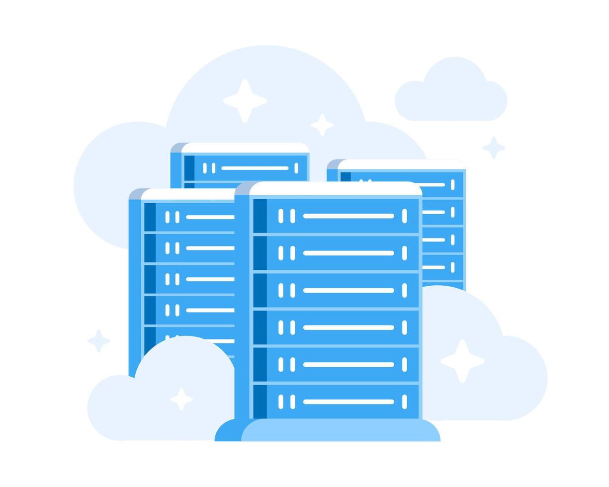 Illustration of multiple servers, hosting and data storage in flat style. vector