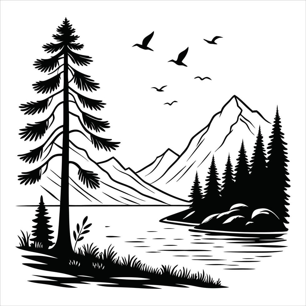 Tranquil Wilderness Lake and Forest Artwork vector