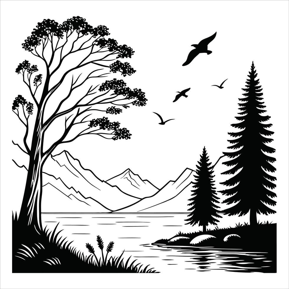 Beautiful Nature Scene Lake and Forest Clipart vector
