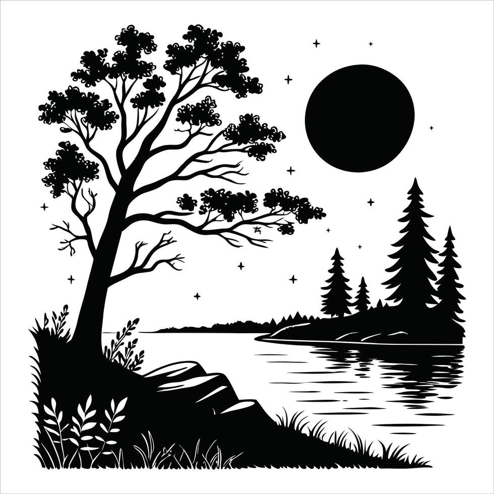 Peaceful Forest and Lake Scene Digital Clipart vector