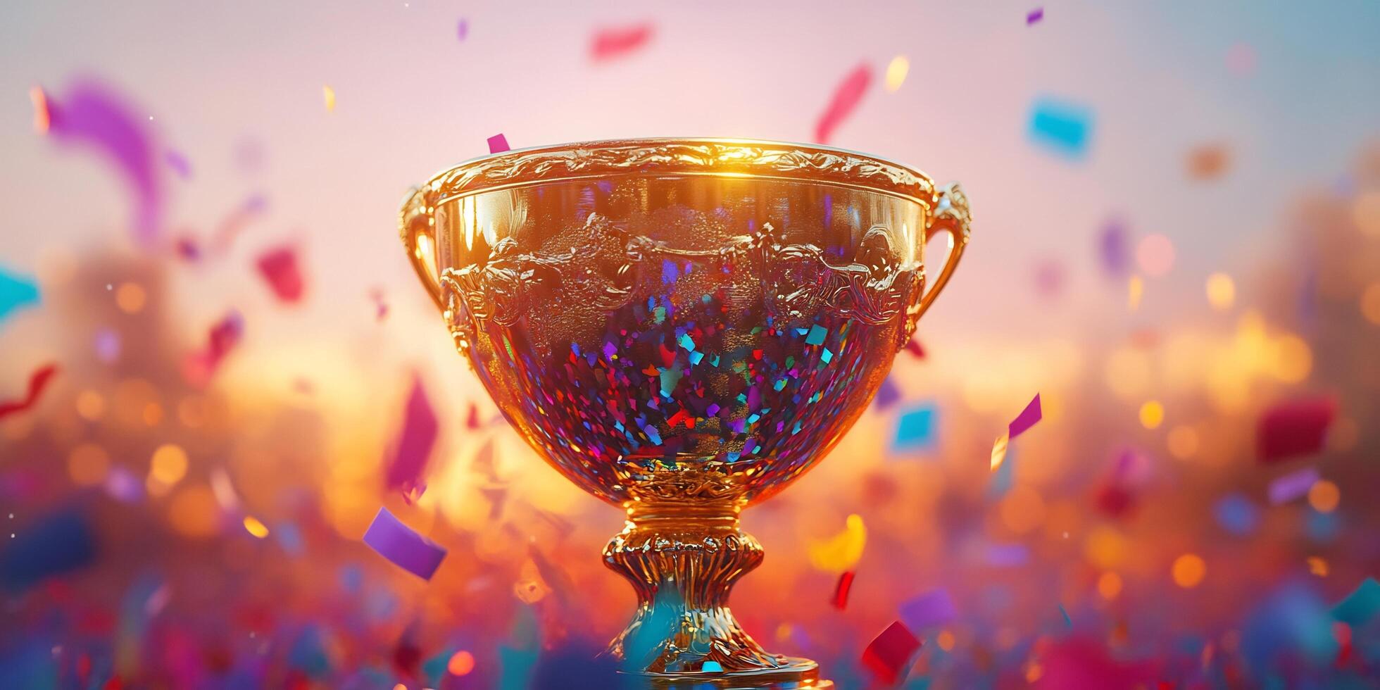 A golden trophy is surrounded by a confetti of various colors on a blurred background photo