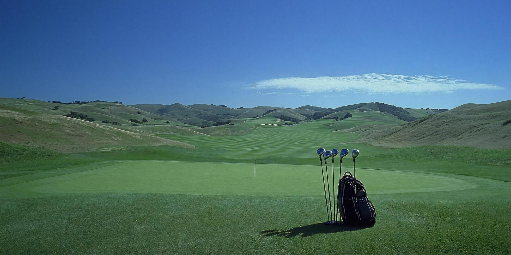 Golf clubs and a bag stand on a lush green golf course with rolling hills under blue sky photo