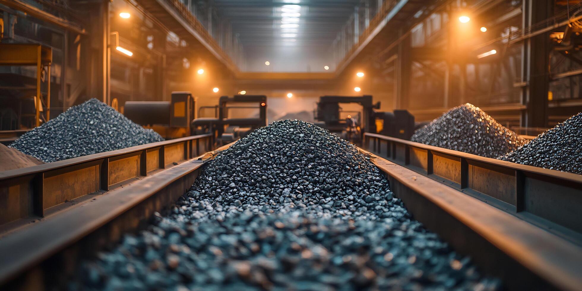 Industrial Scene of Conveyor Belt with Coal Piles in a Factory Setting photo