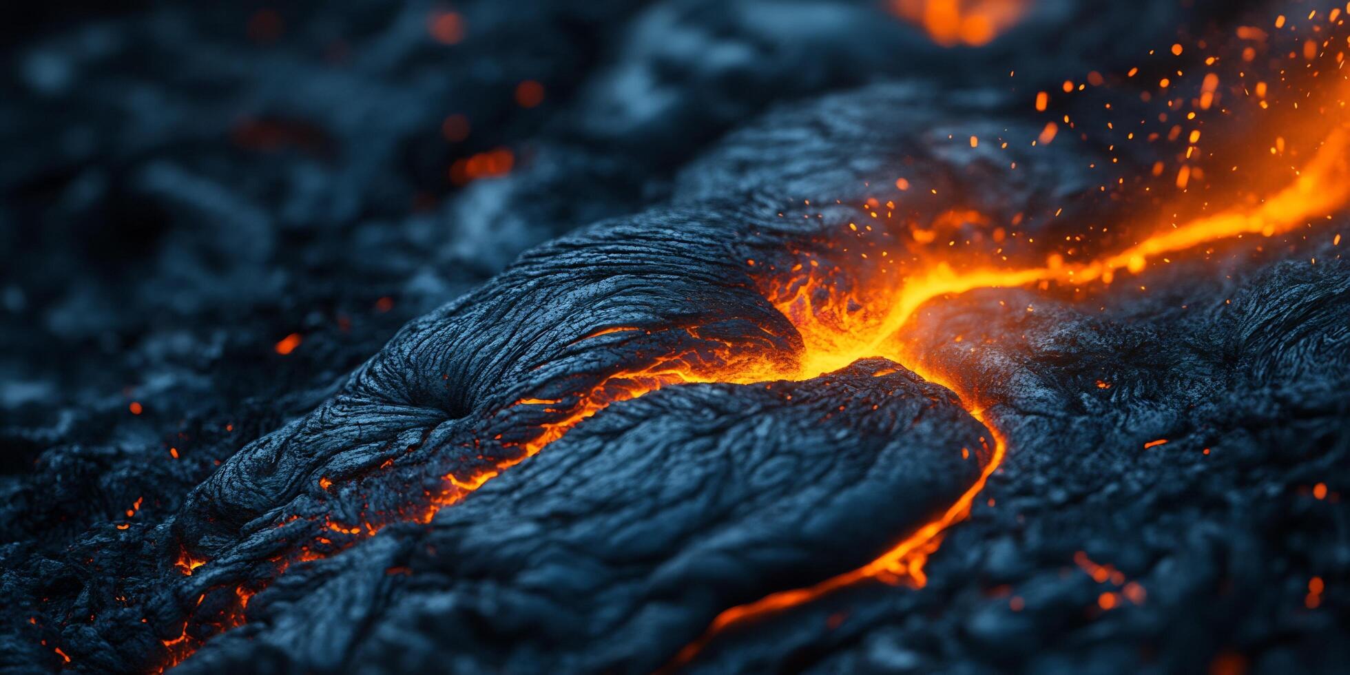 Molten Lava Flowing and Cooling with Intense Heat and Visible Sparks on Volcanic Landscape photo