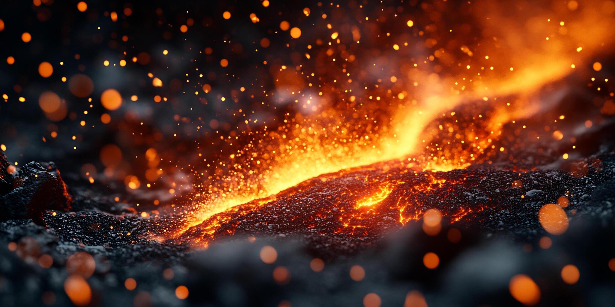 Molten lava flows on dark rock surface with orange sparks rising into the air photo