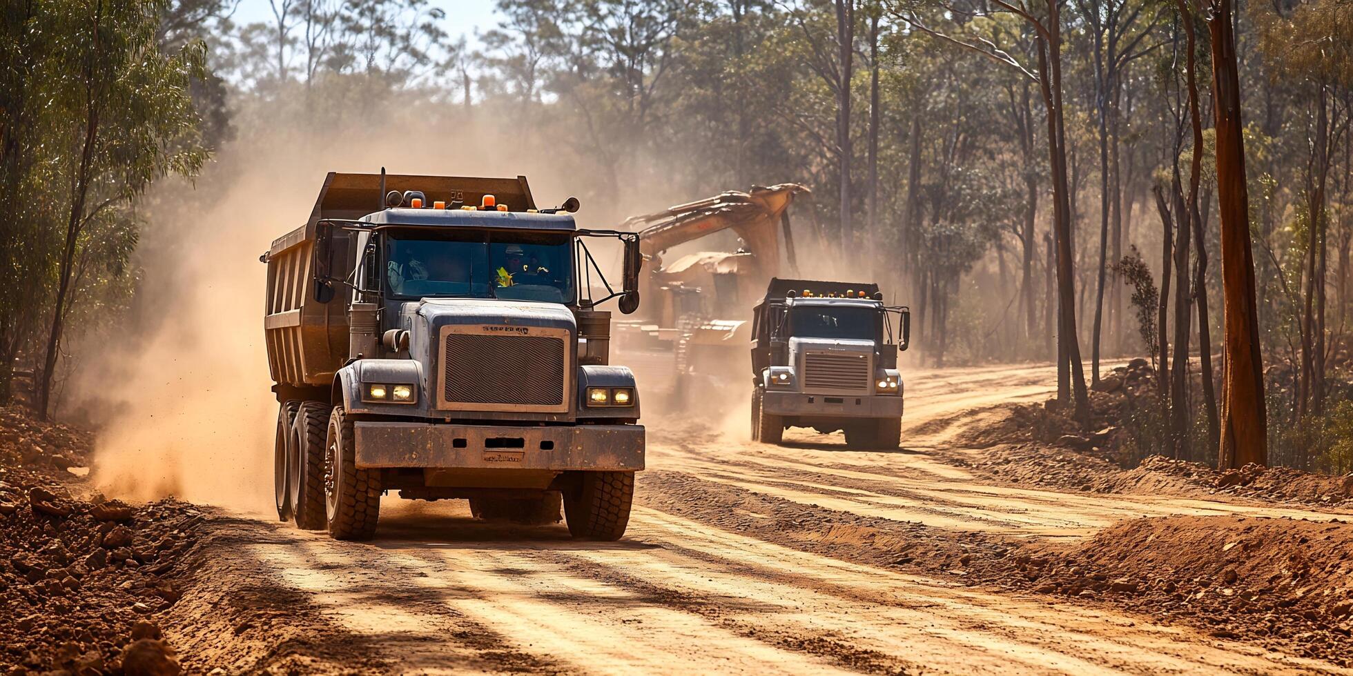 Heavy-duty trucks and a large excavator in a dusty construction site within a forested area photo