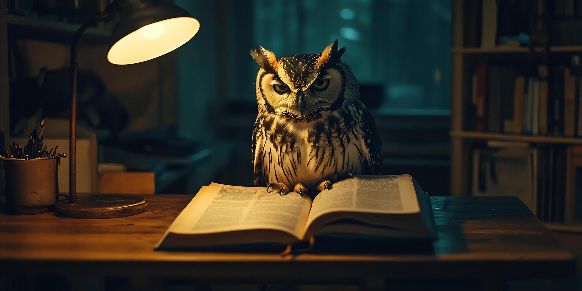 An owl sits on a desk illuminated by a lamp while reading a book surrounded by book shelfs photo