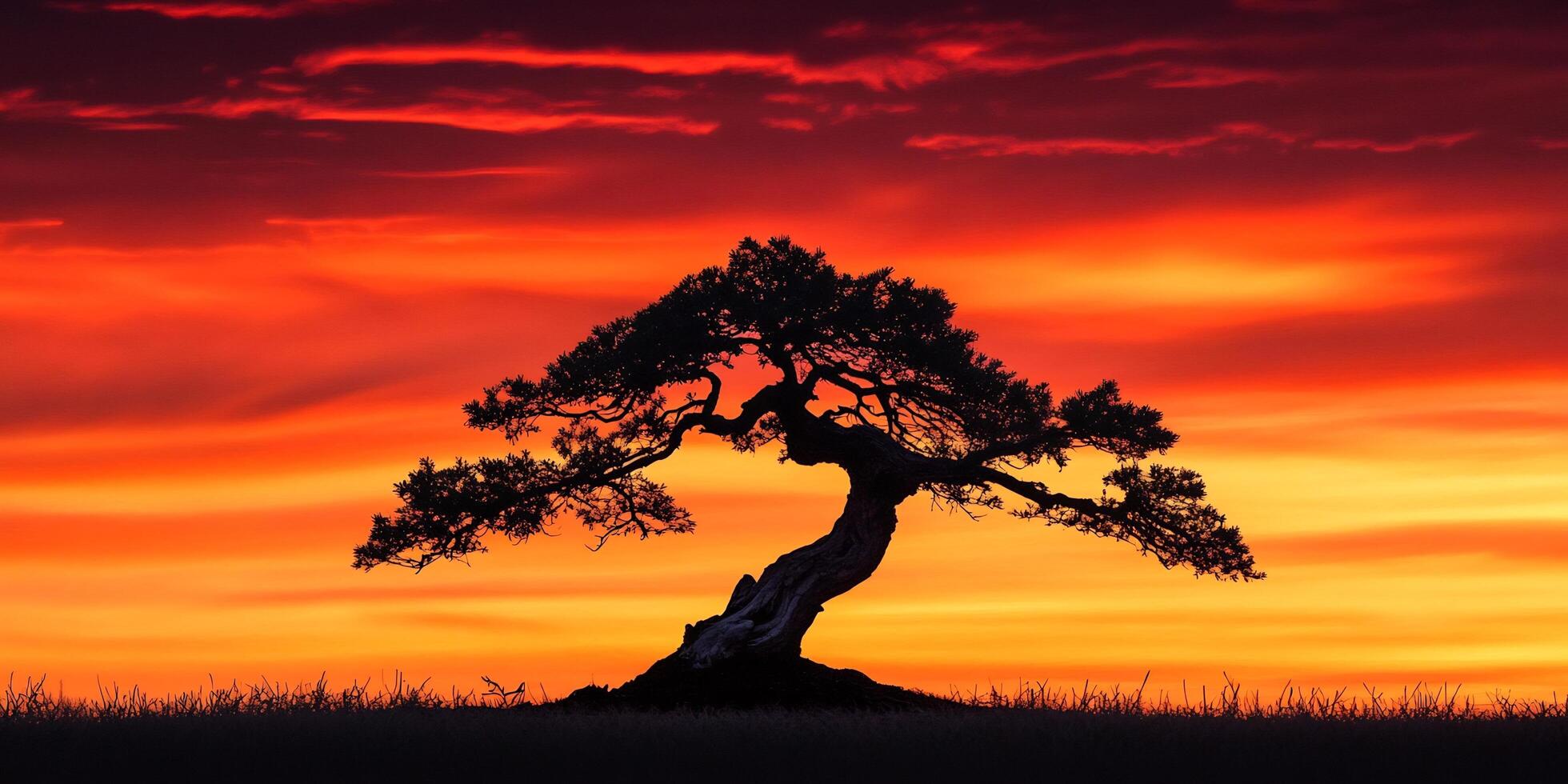 Silhouette of a tree against a vibrant sunset with shades of orange and red creates a striking natural scene photo