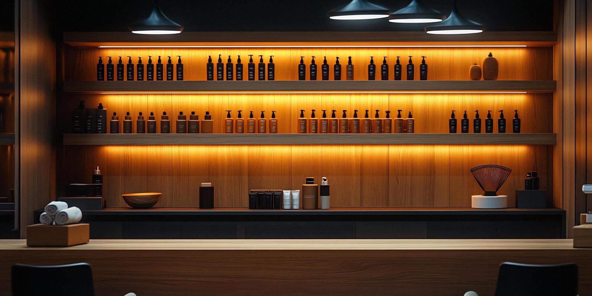 Elegant display of cosmetic bottles on wooden shelves with warm underlighting in a modern salon photo