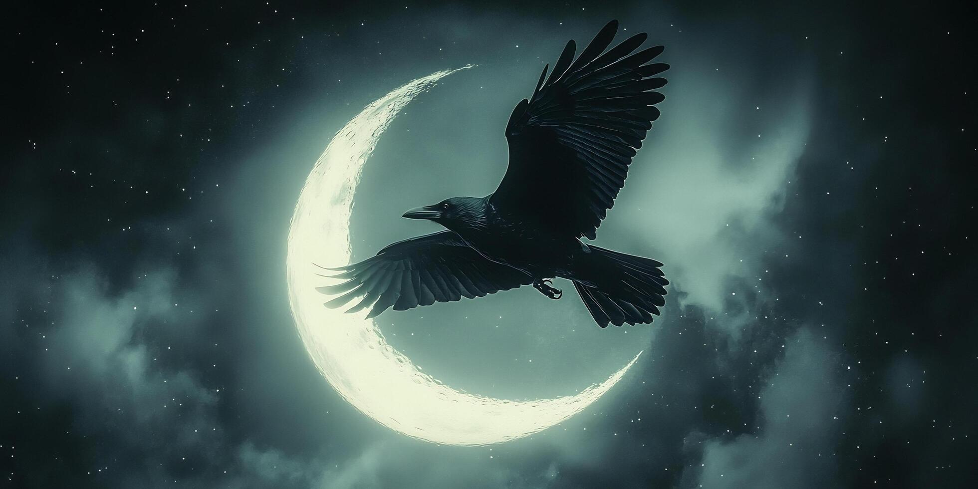 A raven flying in front of a crescent moon, stars and clouds in the night sky create a mysterious scene photo