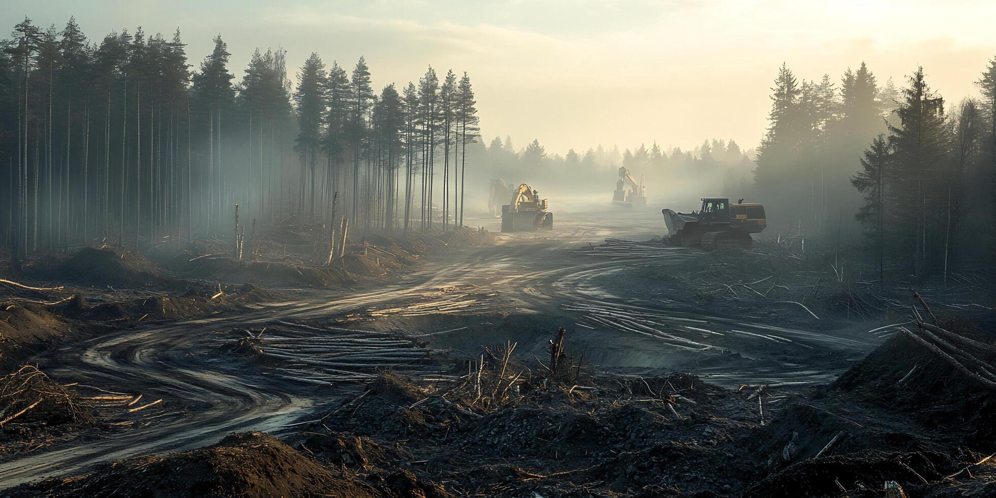 Heavy machinery clearing a forest area with fog, logs and soil in the foreground in the morning light photo