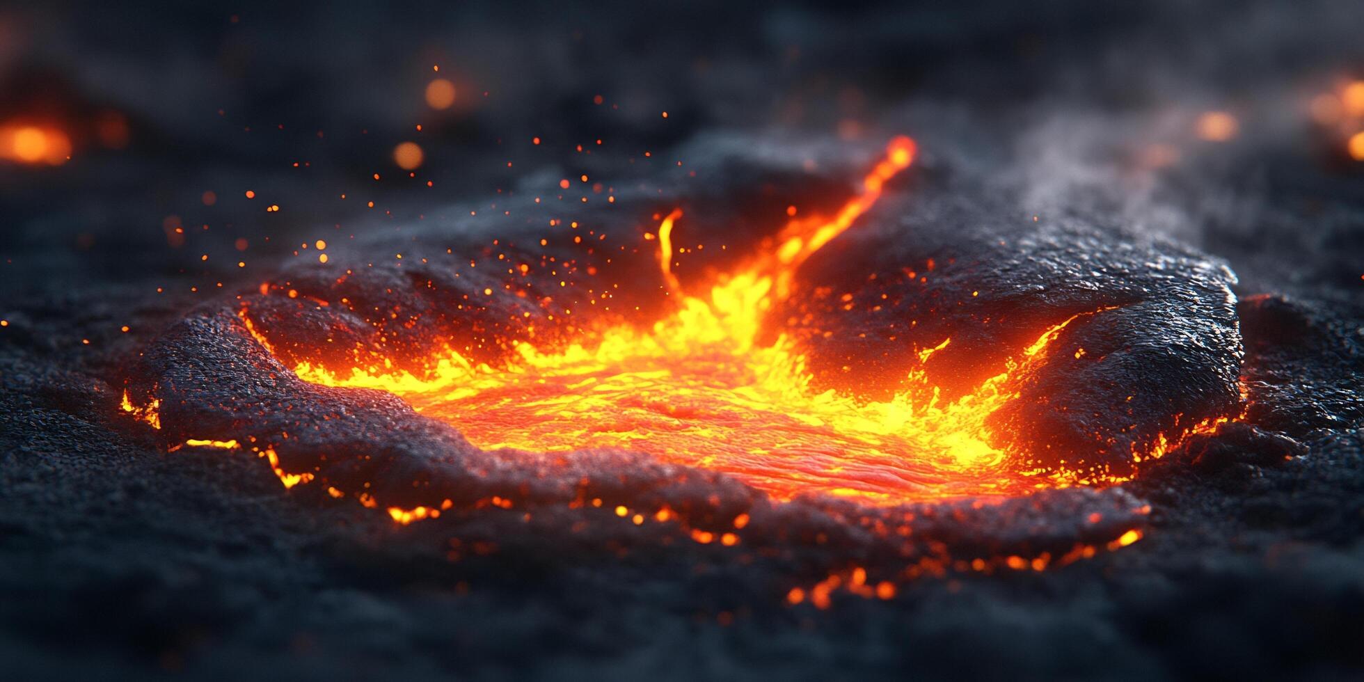 Molten lava flowing on dark rock with sparks and smoke creates a dramatic scene photo