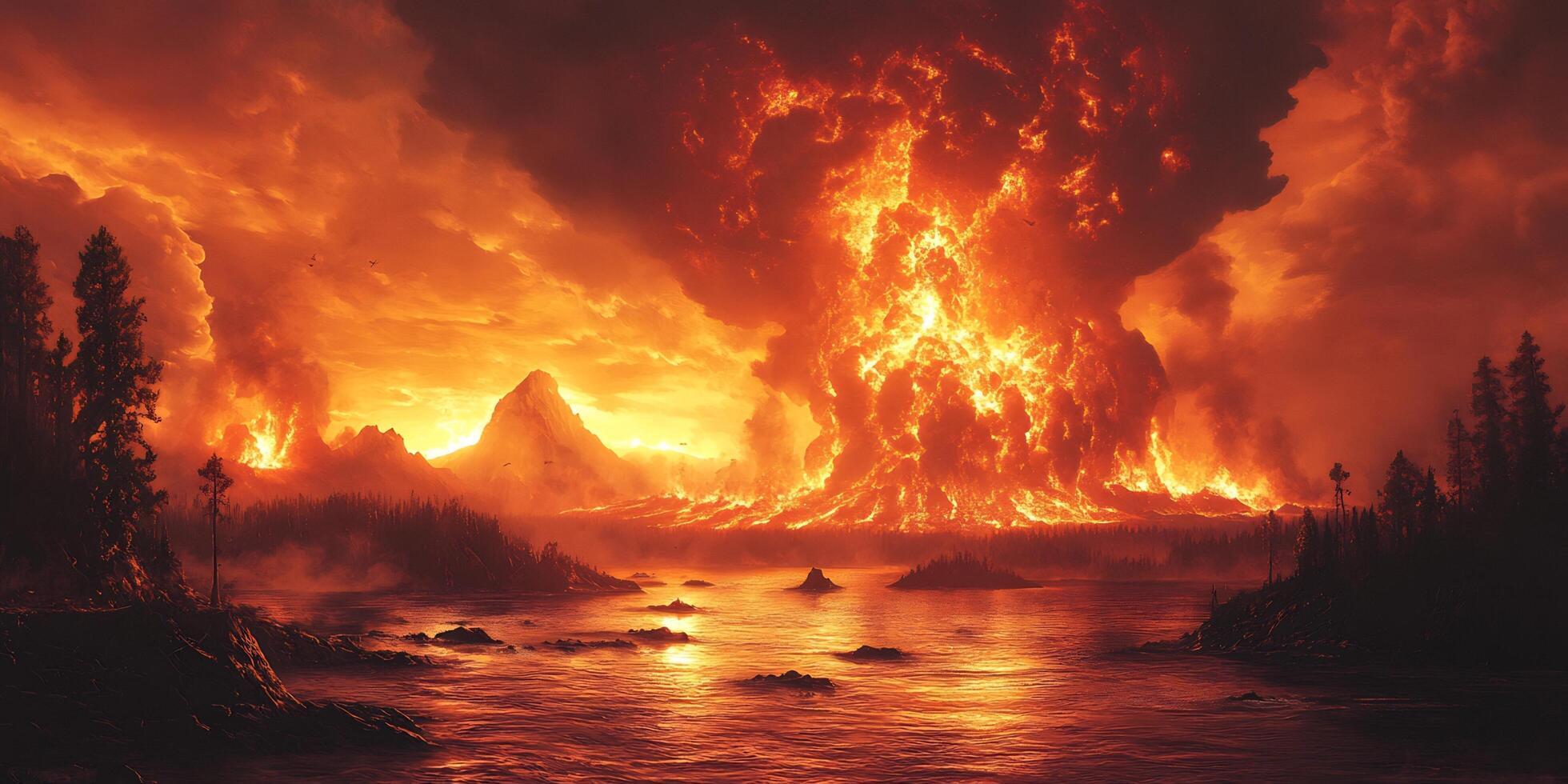 Apocalyptic Landscape with Volcanic Eruption and Fiery Skies over a reflective lake photo