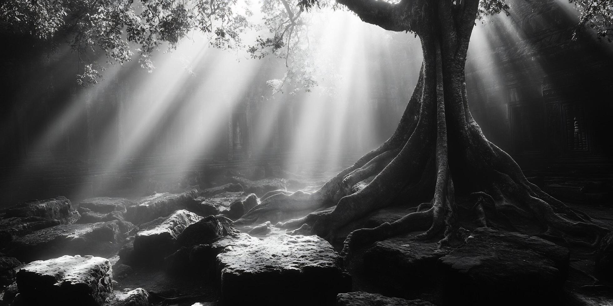 Sunlight through the Fog in an Ancient Ruin with Roots and Stones Landscape photo