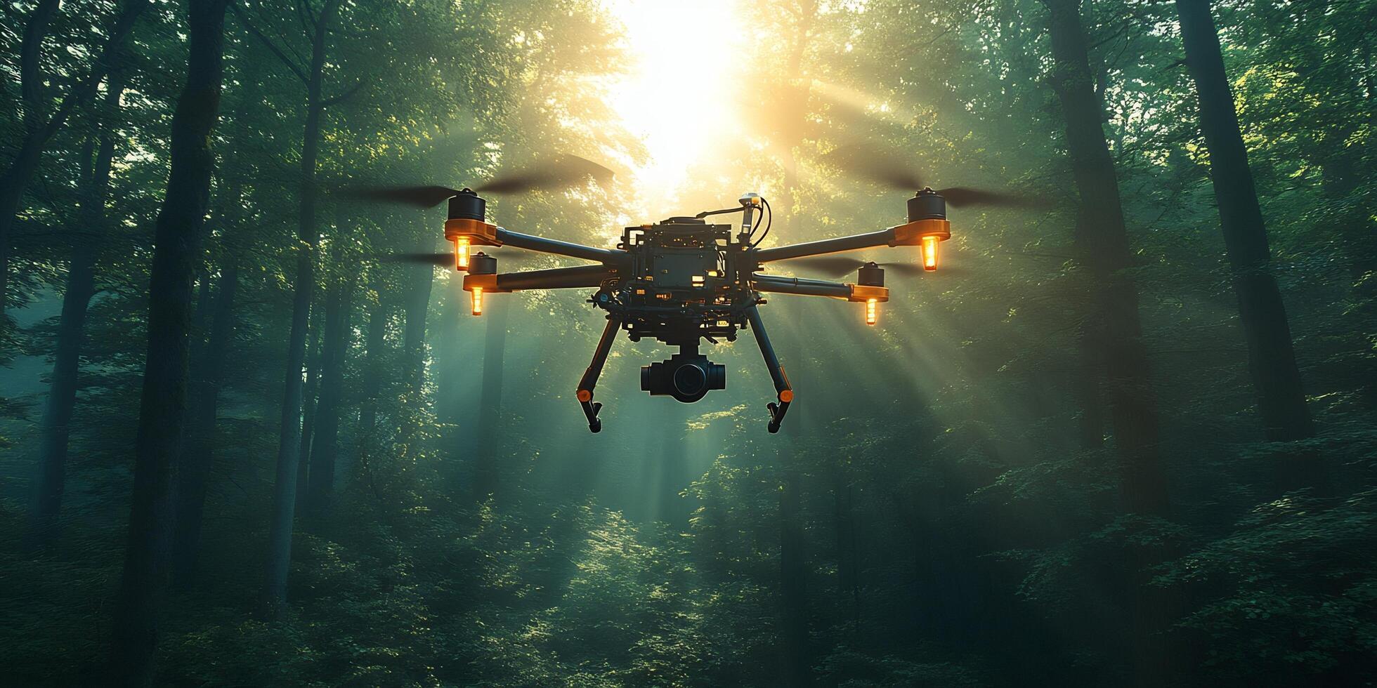 A drone with orange lights flies through a dense forest with sun rays shining through the trees photo