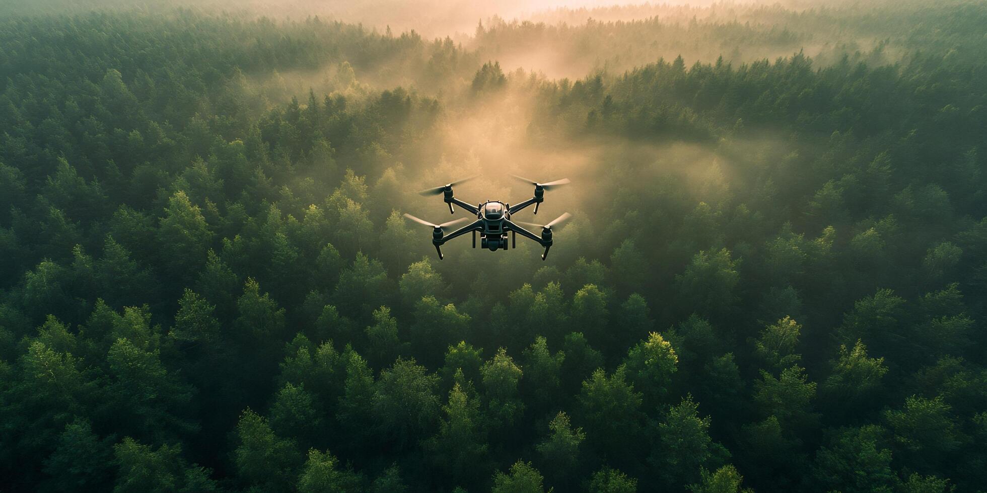 Aerial View of a Drone Flying over a Dense Green Forest with Morning Mist photo