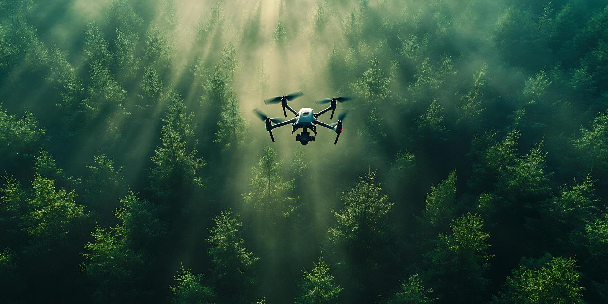 Drone flight over misty evergreen forest, sun rays shining through the trees creating a dramatic scenery photo