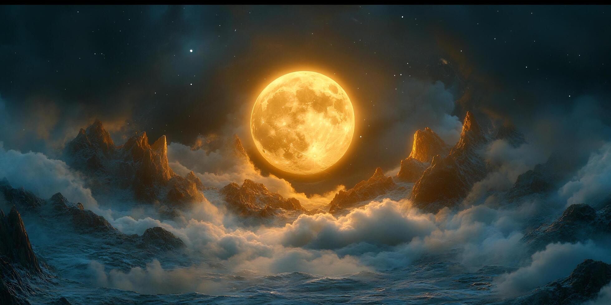 Golden Moon Illuminating Mountain Peaks and Clouds in a Starry Night Sky photo