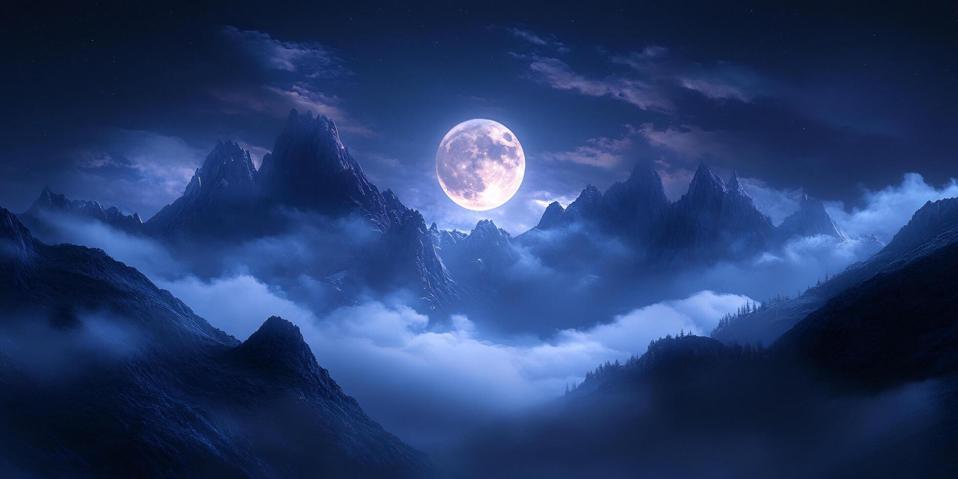 Mystic night landscape with a full moon shining over dark mountain peaks and clouds photo