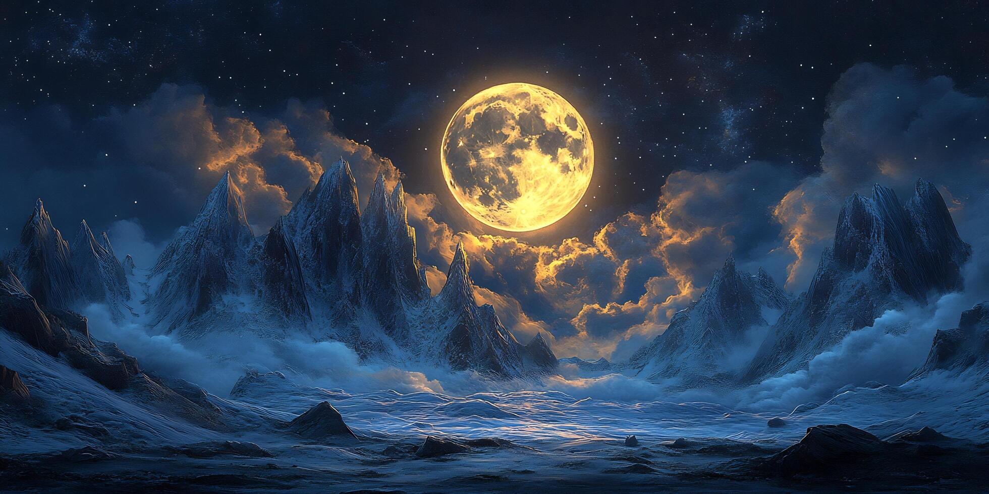 Dramatic nightscape featuring a glowing full moon over snow-capped mountains under starry sky photo