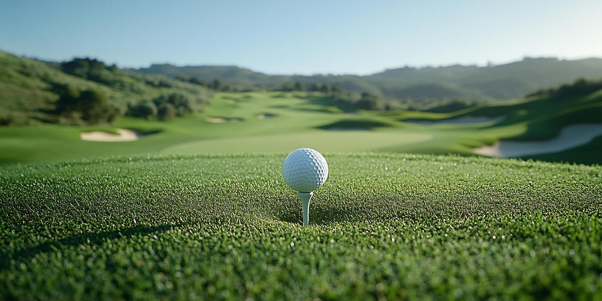 A pristine golf ball sits poised on a tee against a backdrop of a lush golf course on a bright sunny day photo