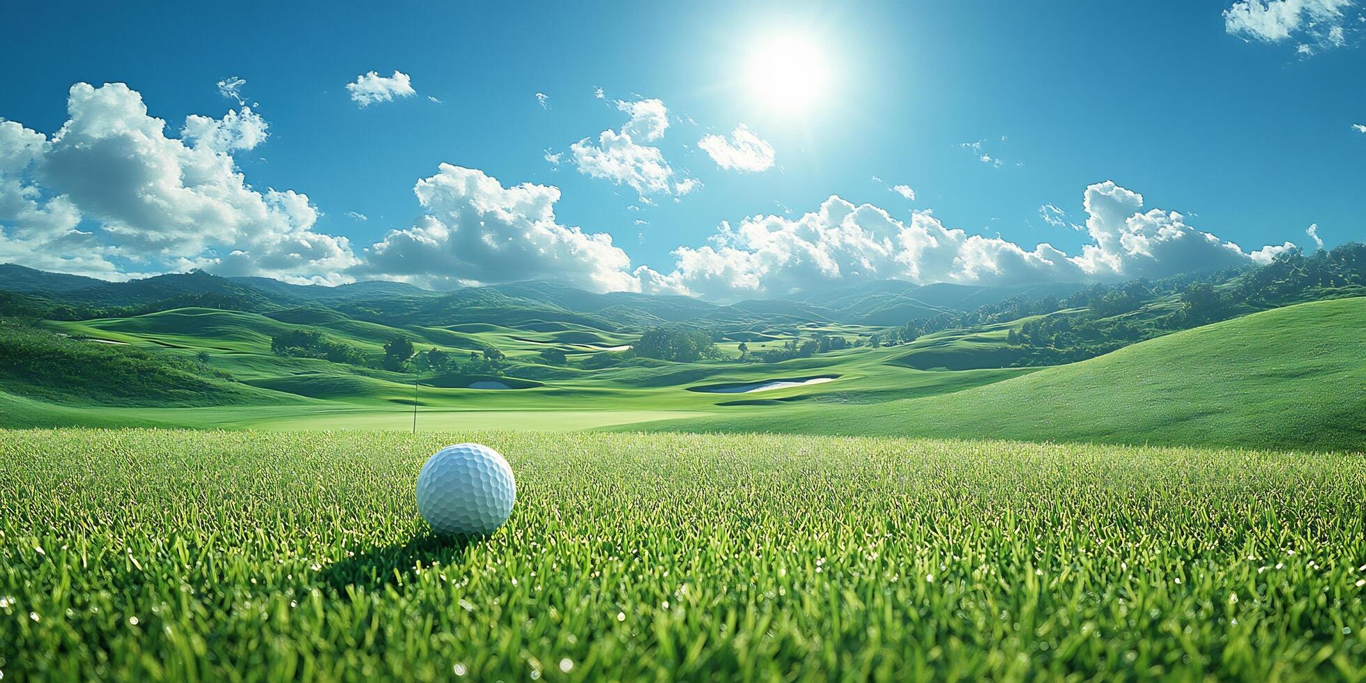Golf ball on the lush green course on a sunny day with a bright blue sky with clouds photo