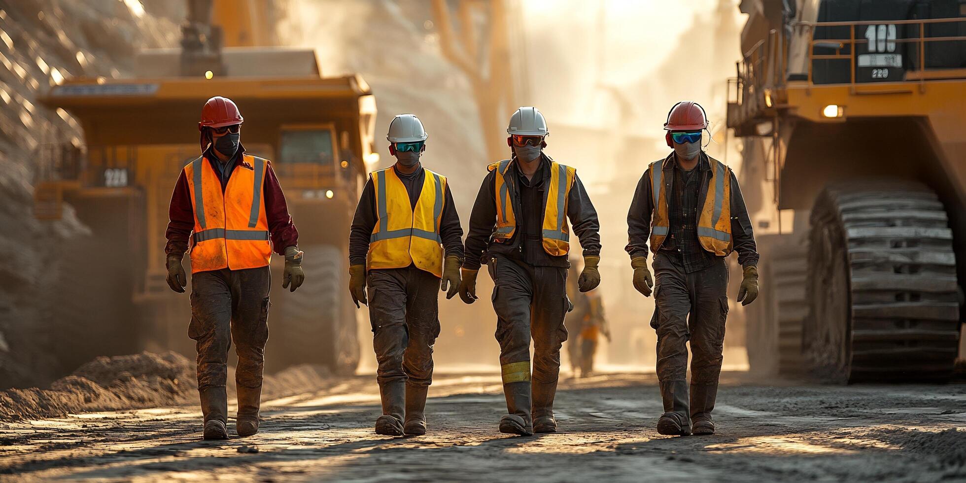 Four workers in safety gear walking at an industrial site with heavy machinery in the background photo