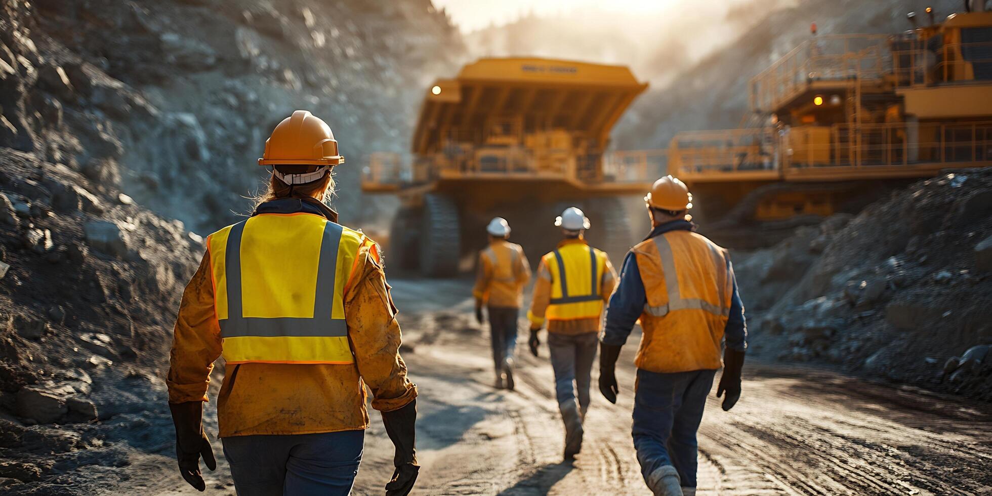 Mining operation with workers wearing safety gear and heavy machinery at sunset photo