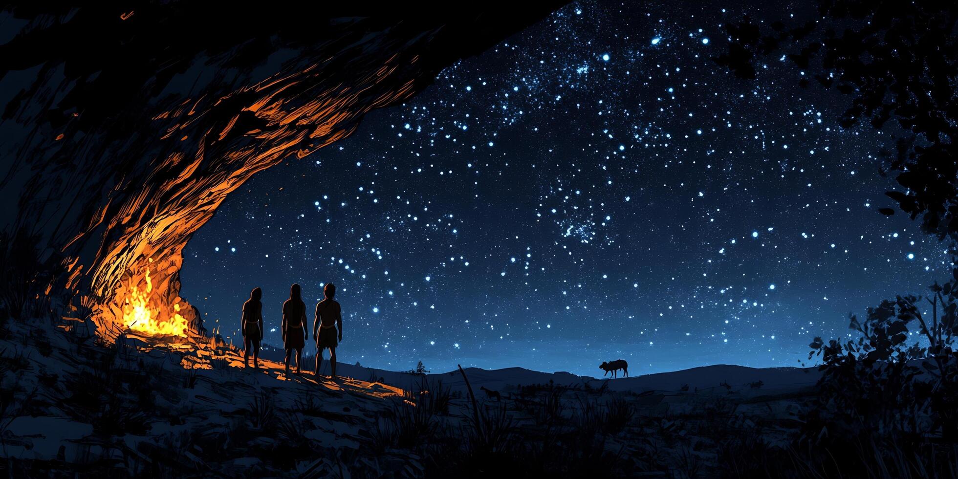 Three figures gaze at a starry sky from a cave with a burning fire at night photo