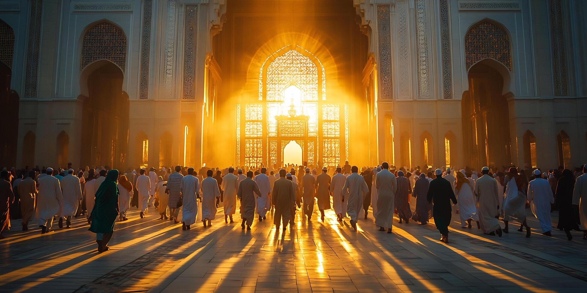 People walking in front of a bright mosque during sunset creating long shadows photo
