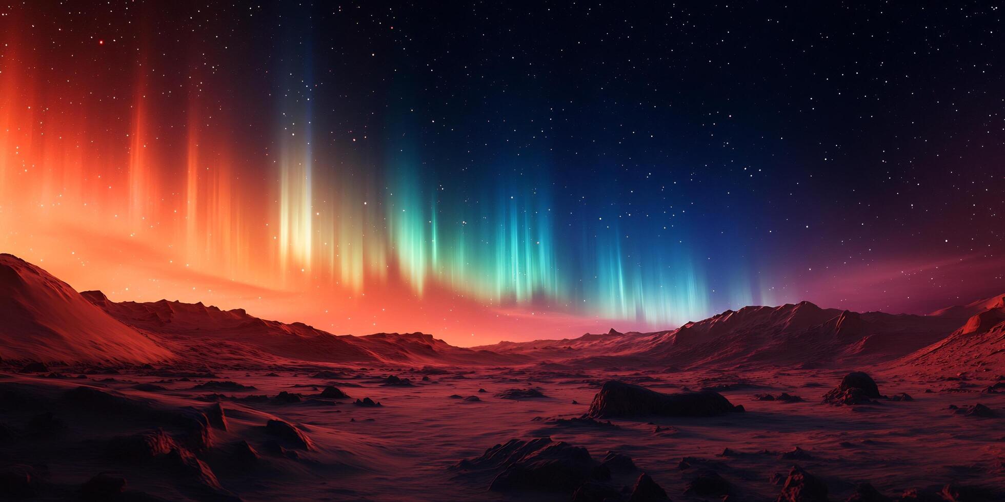 A stunning view of an alien landscape with vivid auroras against a starry sky landscape photo