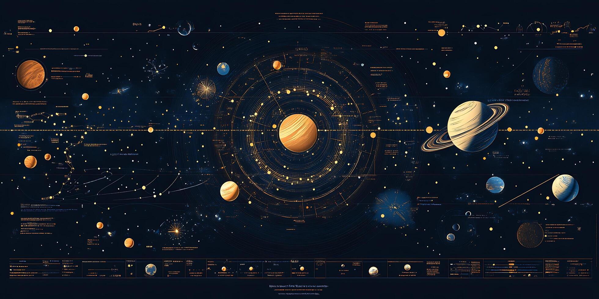Detailed Celestial Map of Solar System Planets Stars and Constellations in Gold and Blue photo