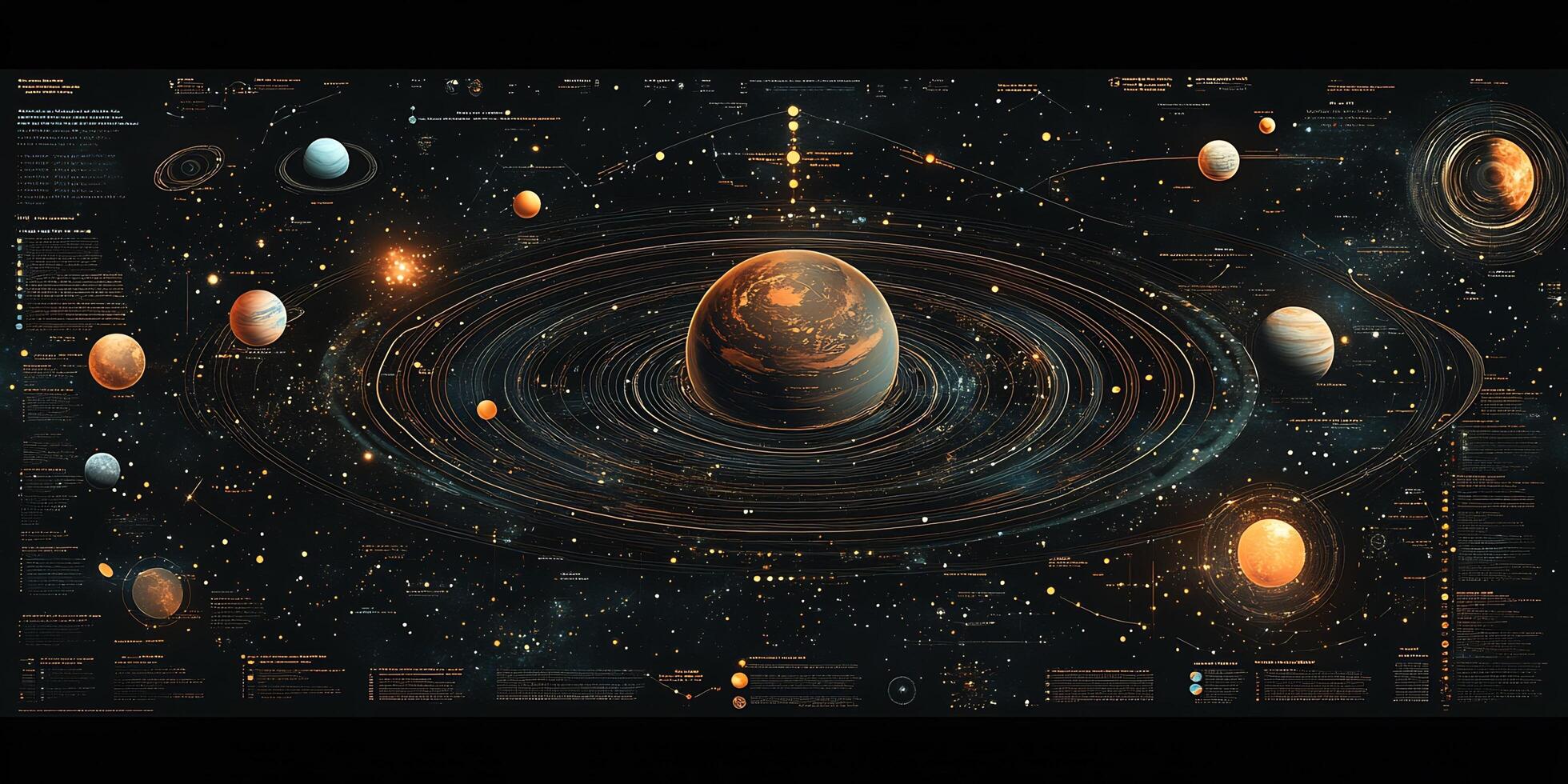 Detailed depiction of a solar system with planets, rings and star chart information in dark space photo