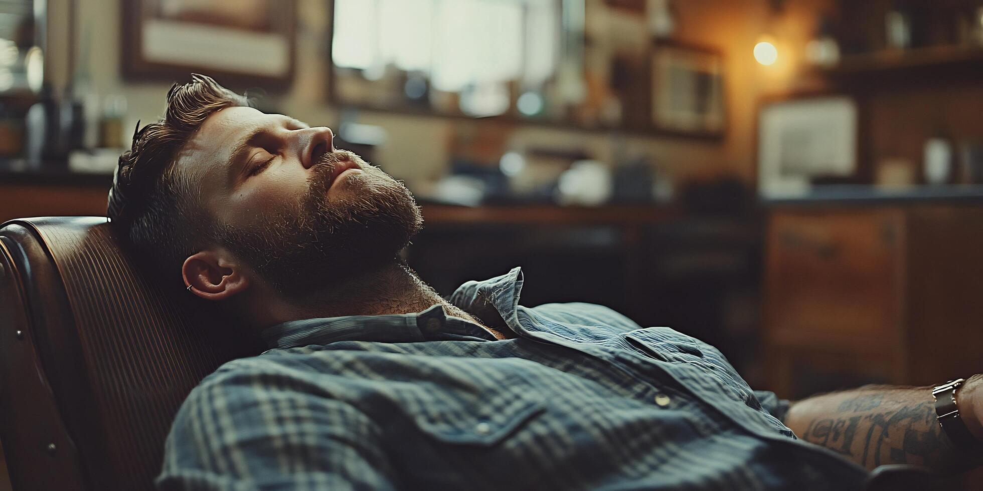 Man with beard sleeping in a barber chair, blue plaid shirt, tattoo on arm, professional barber shop interior photo