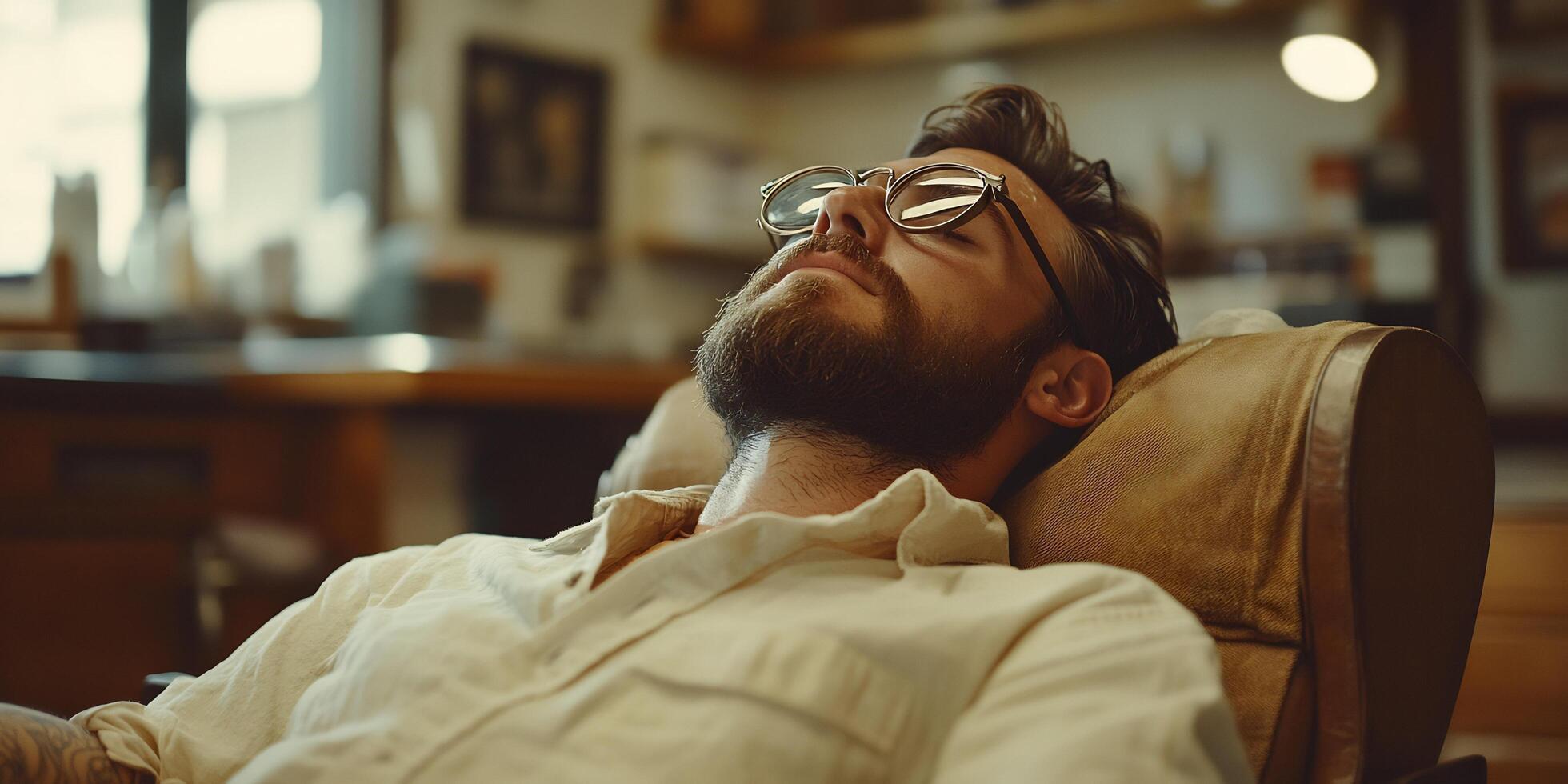 Man relaxing in a barber's chair with glasses on enjoying moment before haircut photo