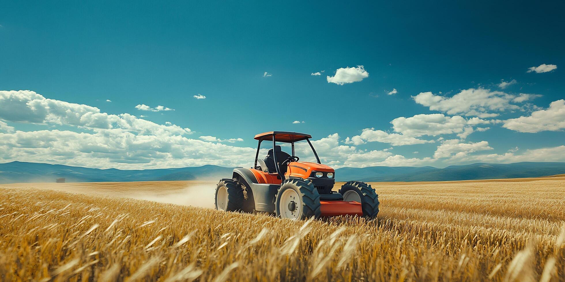 Orange tractor moving through a golden wheat field under a blue sky with fluffy white clouds photo