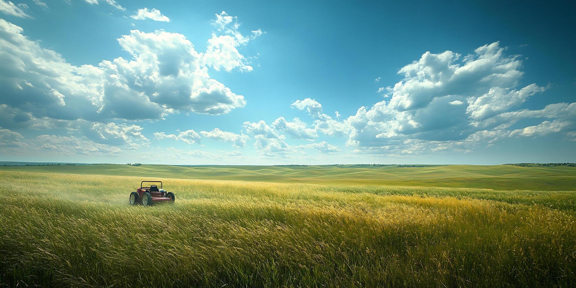 Red tractor cuts tall yellow grass beneath a sky filled with white clouds on a sunny day photo
