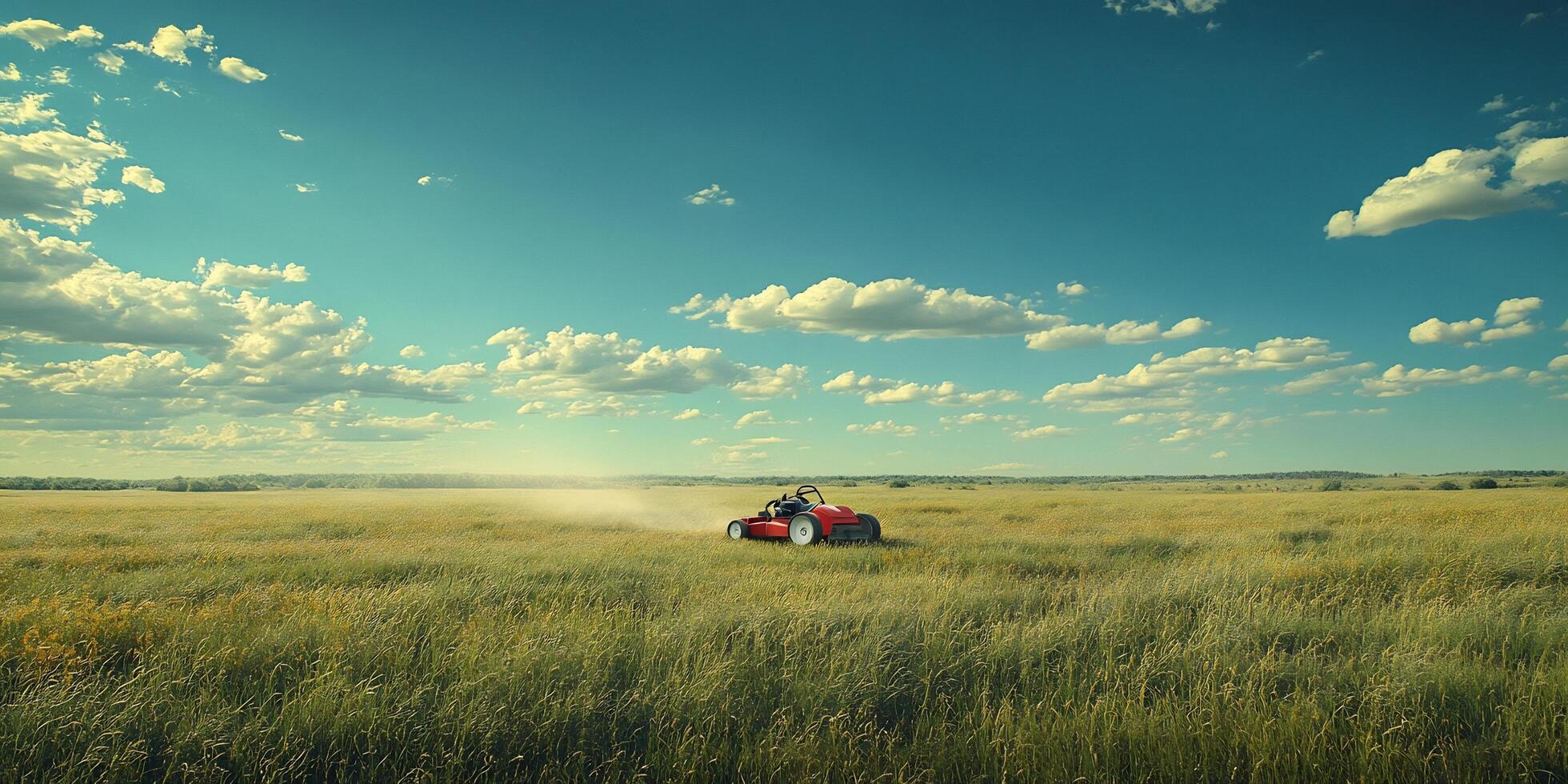 A red go-kart speeding through a vast golden field under a vibrant blue sky with white clouds photo