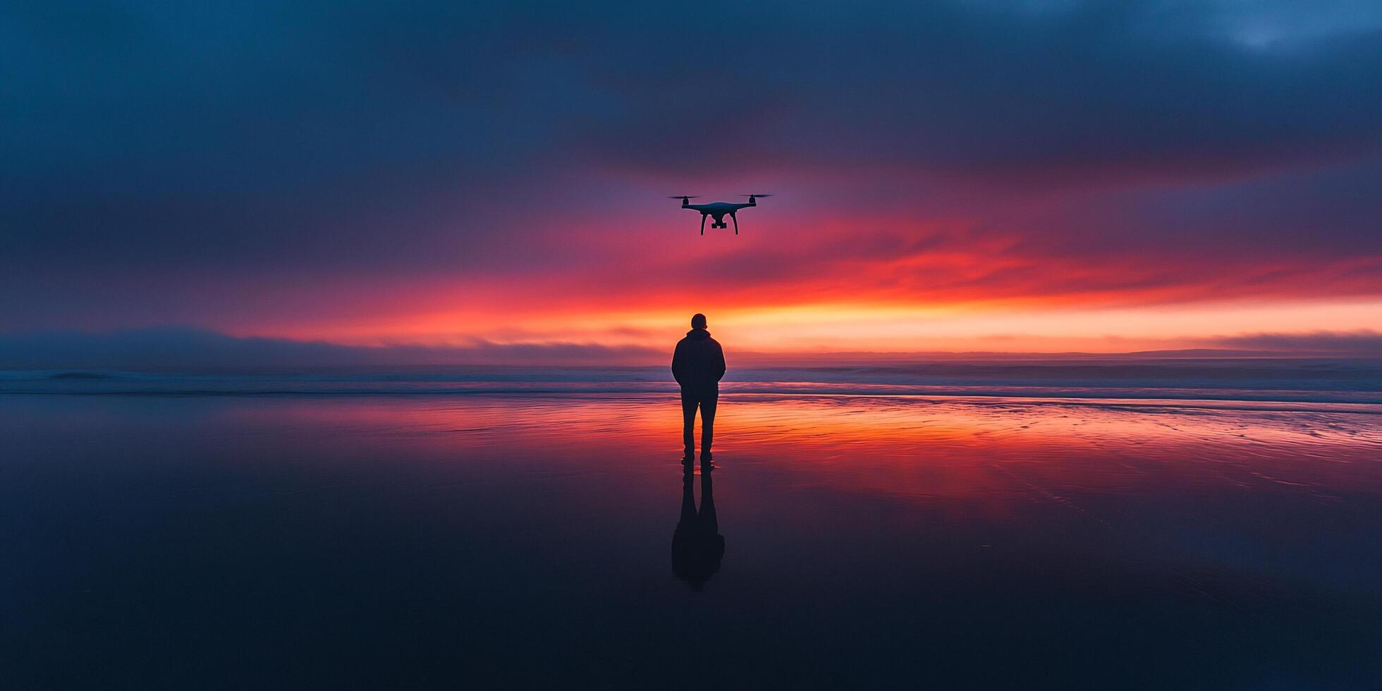 Man and Drone Silhouette at Beach during colorful Sunset at low tide, dramatic sky, reflected on the water photo