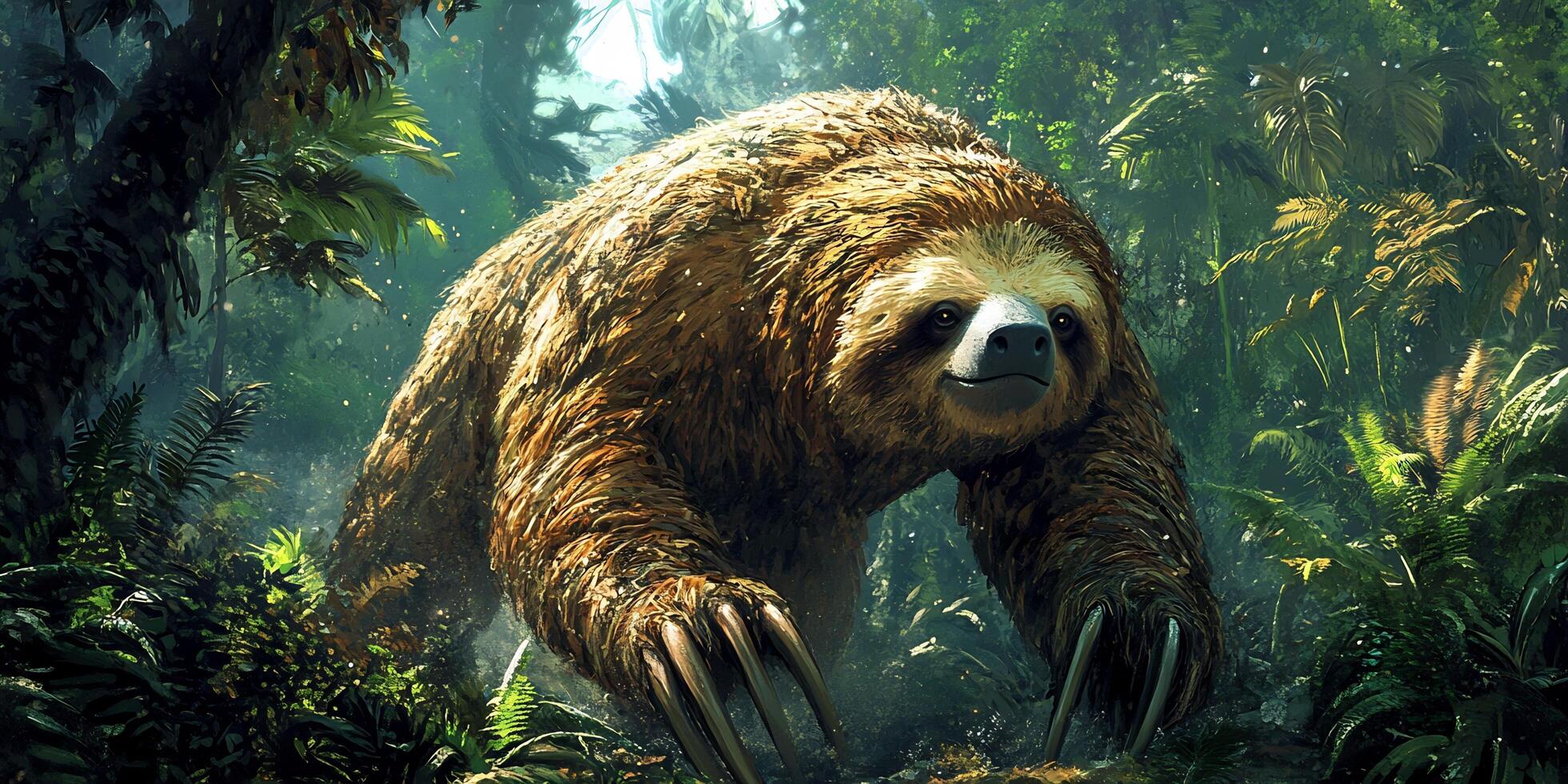 A large sloth with brown fur and long claws walks through a lush green jungle setting photo